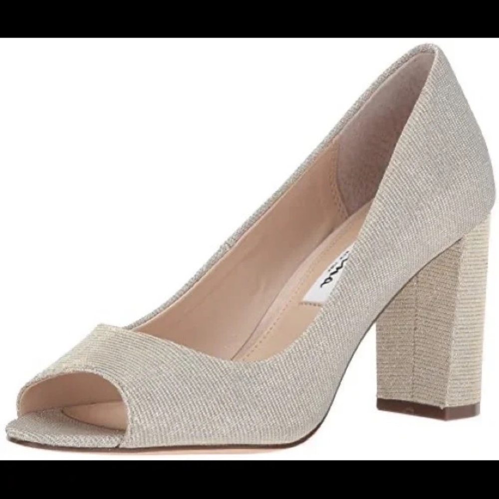 Nina Farlyn peep toe Shoes sparkle gold platinum w/ 3.5" Block Heel Dressy & Fun